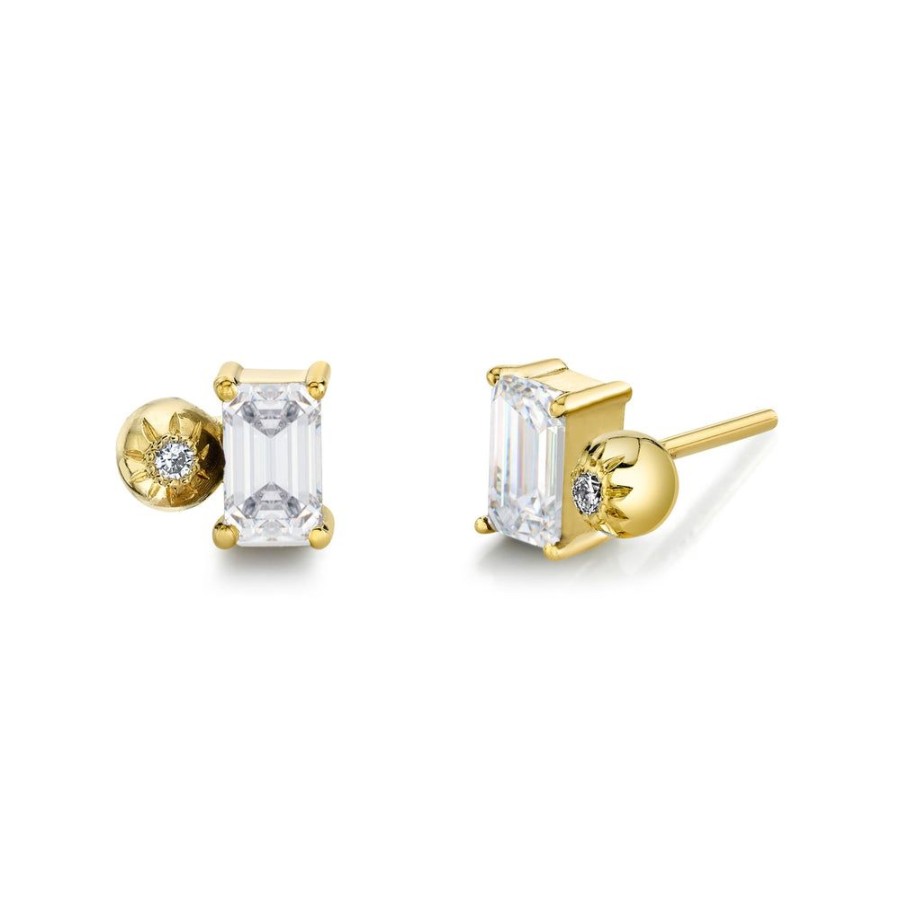 Bridal Sarah Hendler Studs & Hoops | Emerald Cut Gemstone & Diamond Starburst Studs