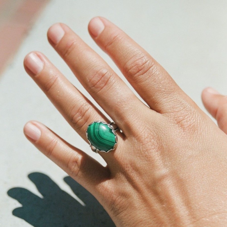 Estate Sarah Hendler Rings | Sterling Wheat Trim Band With Malachite Stone