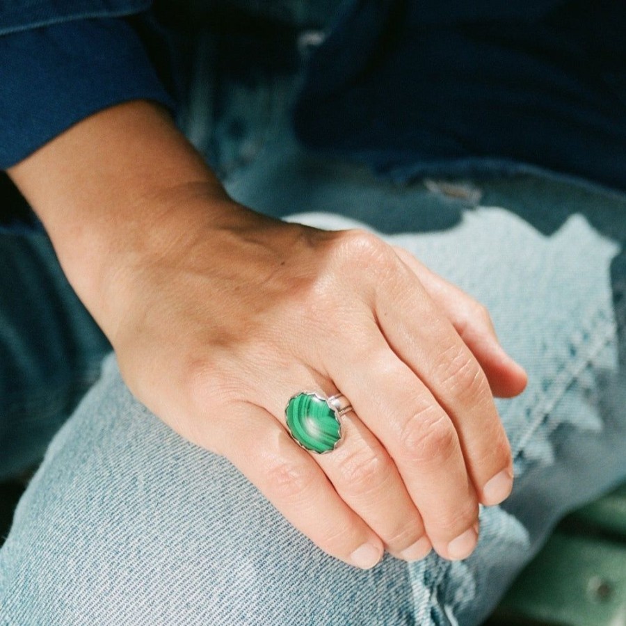 Estate Sarah Hendler Rings | Sterling Wheat Trim Band With Malachite Stone