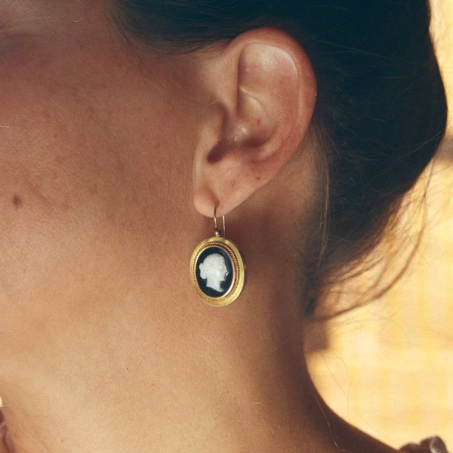 Estate Sarah Hendler Earrings | 10K Gold Stone Cameo Earrings