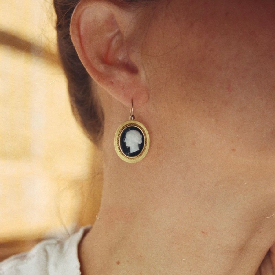 Estate Sarah Hendler Earrings | 10K Gold Stone Cameo Earrings