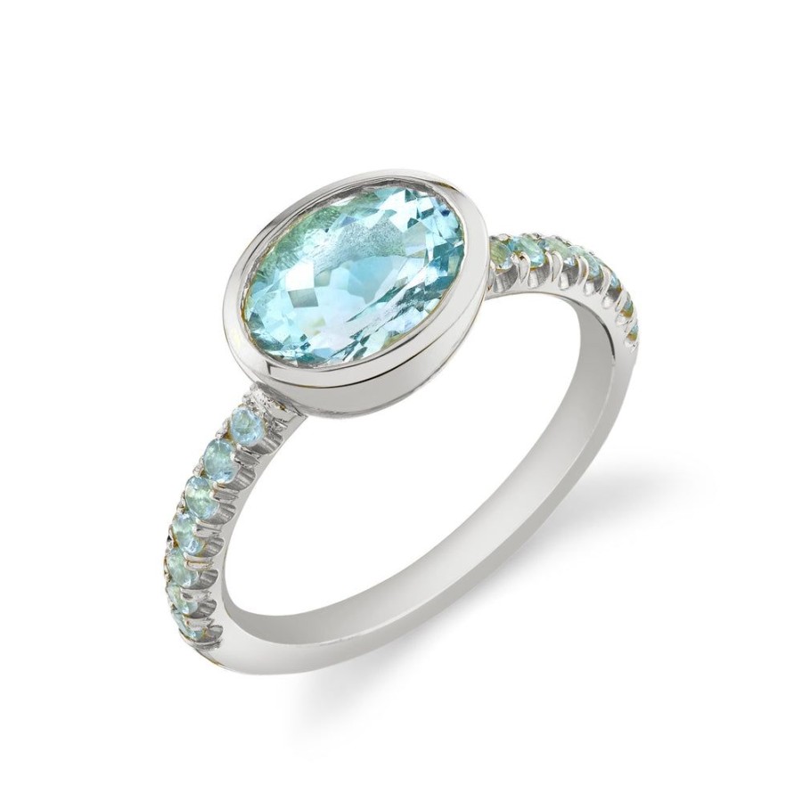 Bridal Sarah Hendler Statement | Pave Shirley Bezel Set Oval Cut Ring - Aquamarine