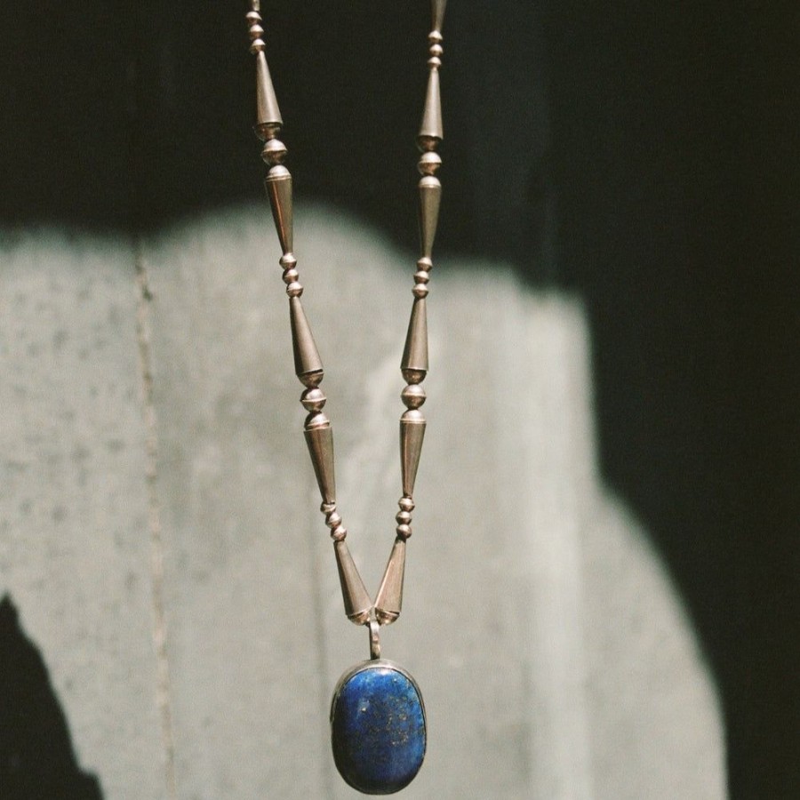 Estate Sarah Hendler Necklaces | Sterling Beaded Chain With Xxl Lapis Cabochon