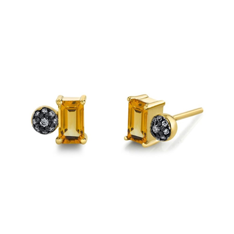 Fine Sarah Hendler Signature | Emerald Cut Gemstone & Pave Ball Studs