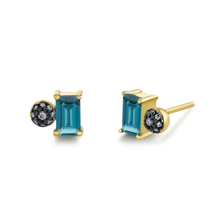 Bridal Sarah Hendler Studs & Hoops | Emerald Cut Gemstone & Pave Ball Studs