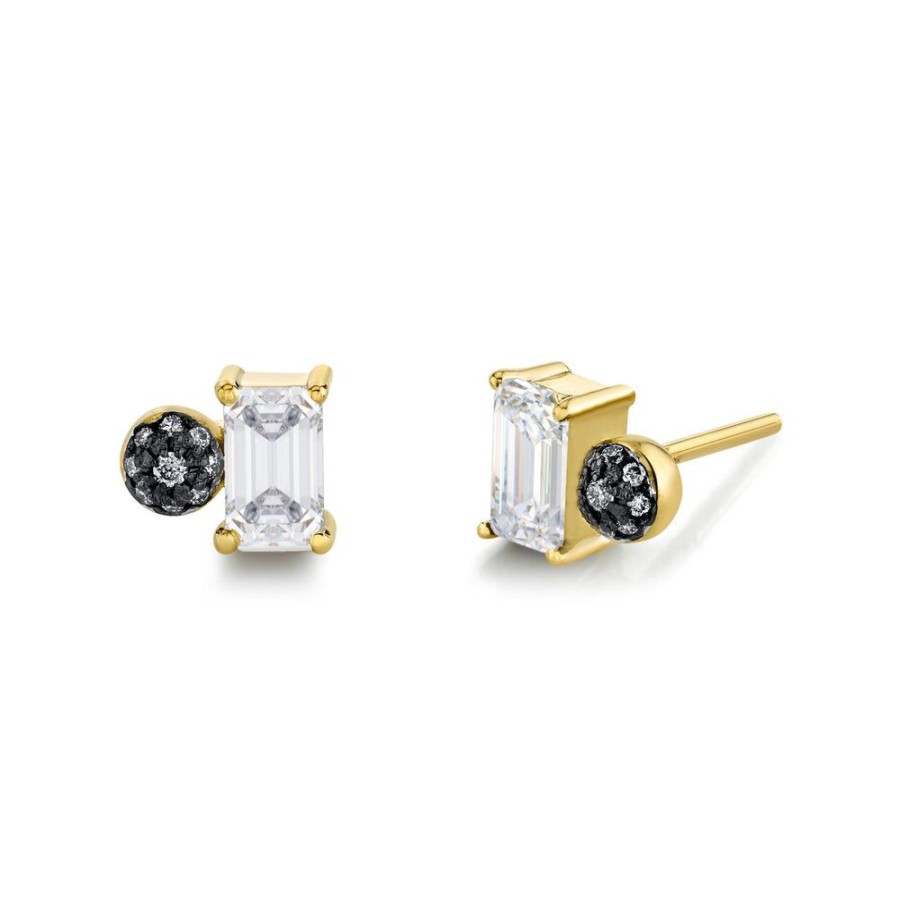 Bridal Sarah Hendler Studs & Hoops | Emerald Cut Gemstone & Pave Ball Studs