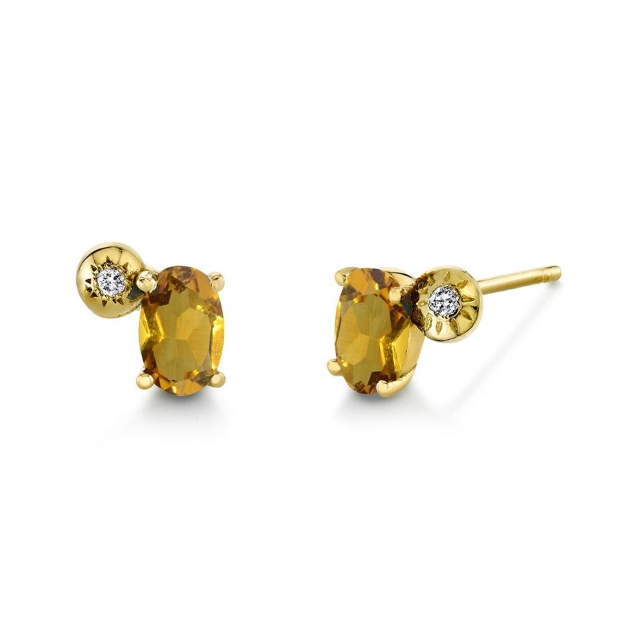 Fine Sarah Hendler Signature | Oval Gemstone & Diamond Starburst Studs