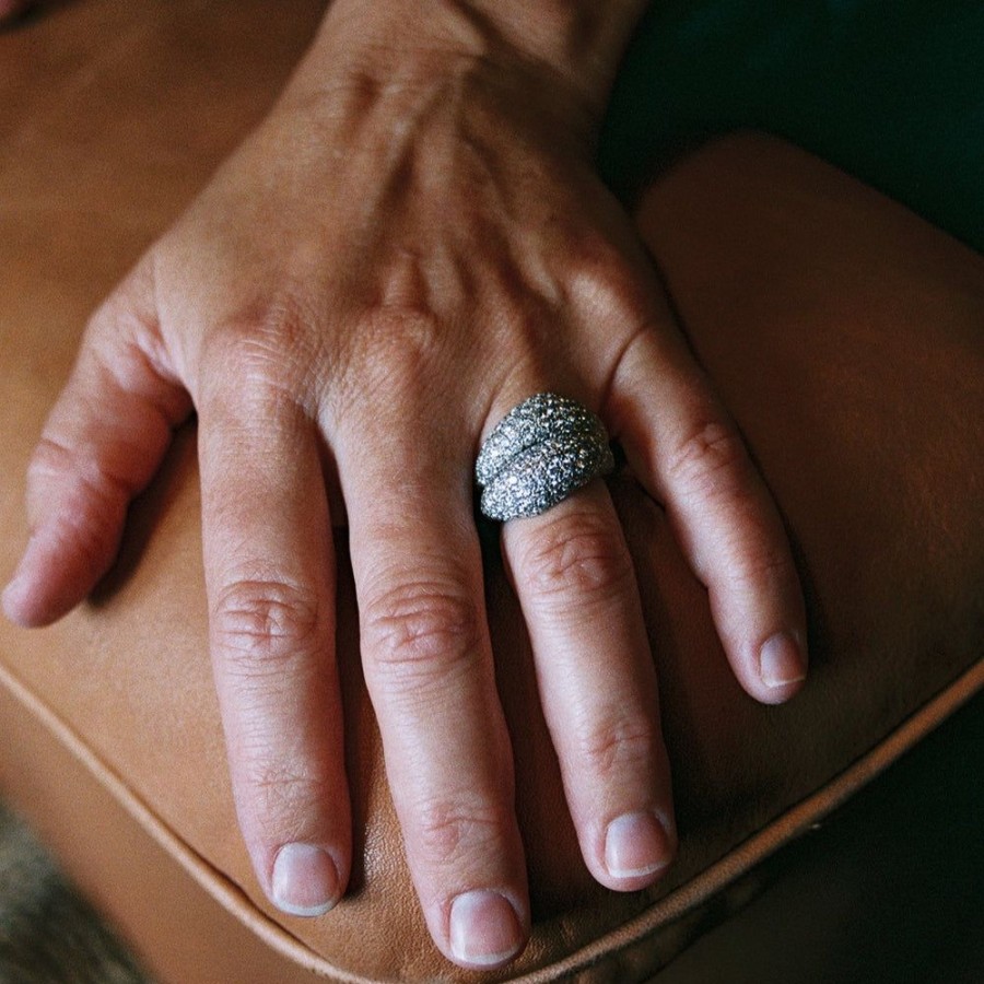 Estate Sarah Hendler Rings | White Gold Pave Diamond Encrusted Stacking Rings